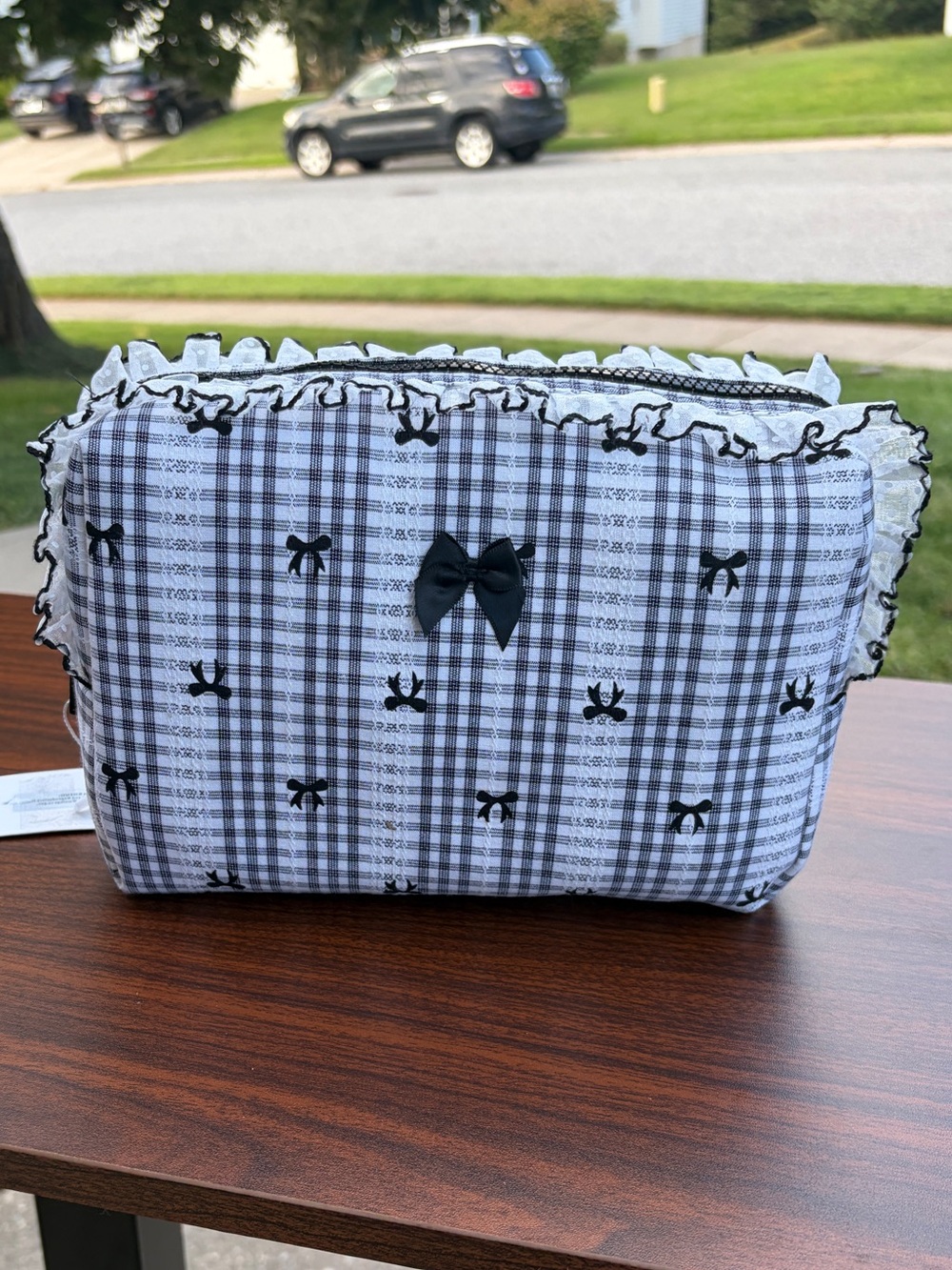 Blush Crush Black White Plaid Bow Ruffle Cosmetic Makeup Bag NWT